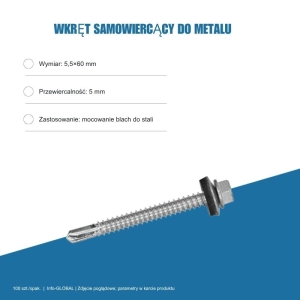 Wkręt samowiercący do metalu 5,5x60 mm, przewiercalność 5 mm, EPDM, 100 szt. – ocynk bez lakieru